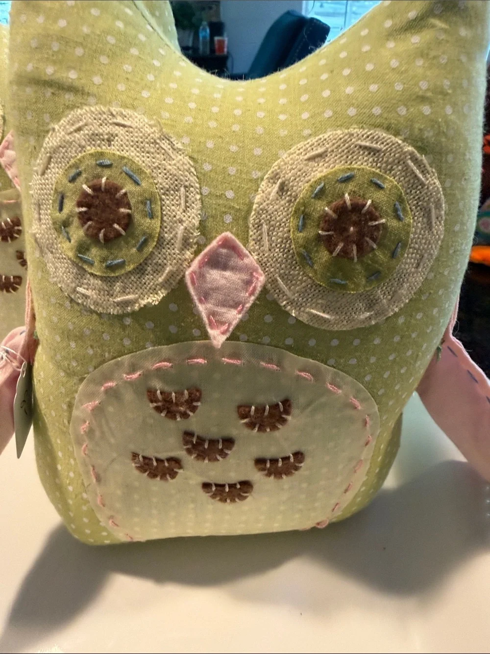 Pottery Barn Kids Light Green Polka Dot Owl Pair with Pink Accents